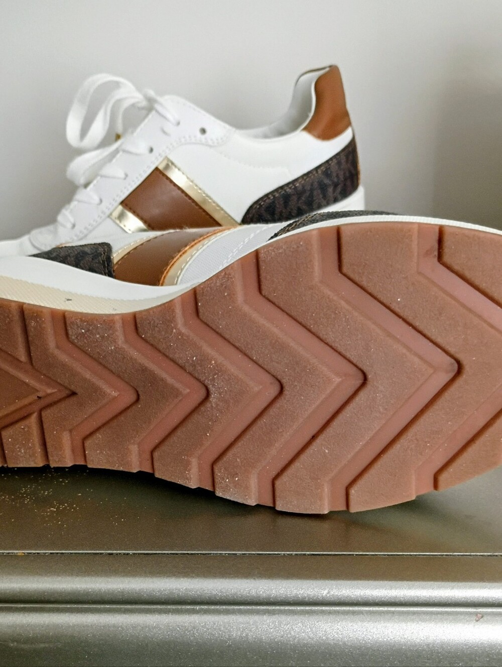 Michael Kors White, Brown and Gold Lace-Up Platform Sneakers - Picture 5 of 5